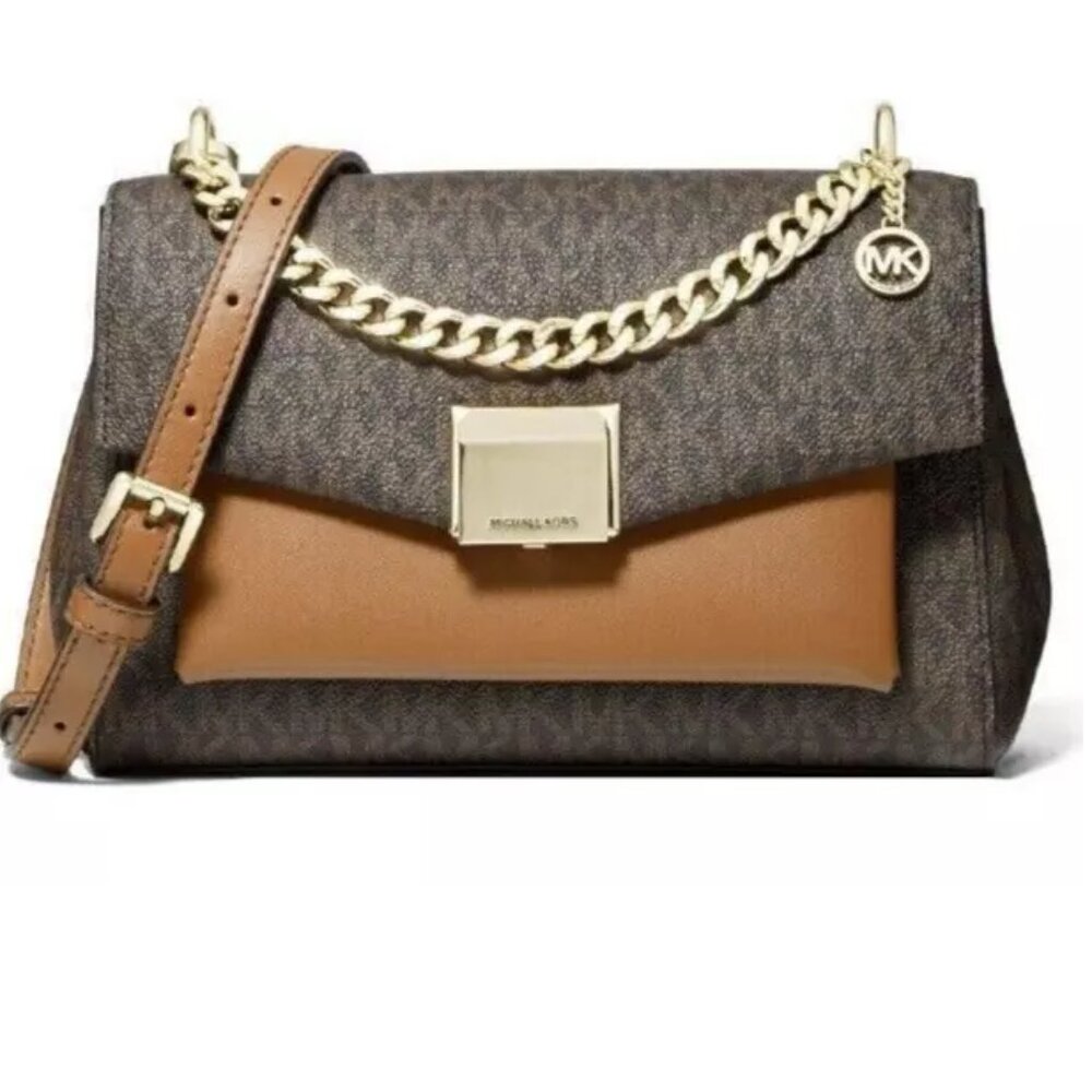MICHAEL KORS LITA MD BROWN LOGO LUGGAGE LEATHER CROSSBODY SHOULDER BAG NWT!